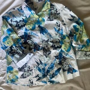 Drapers & Damons 100% Cotton Floral Blouse Button Up Petite Large 3/4 Sleeve